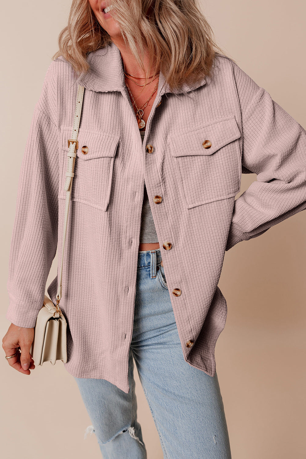 Light Pink Corduroy Flap Pocket Button Up Shacket-Bella Boutique Collective