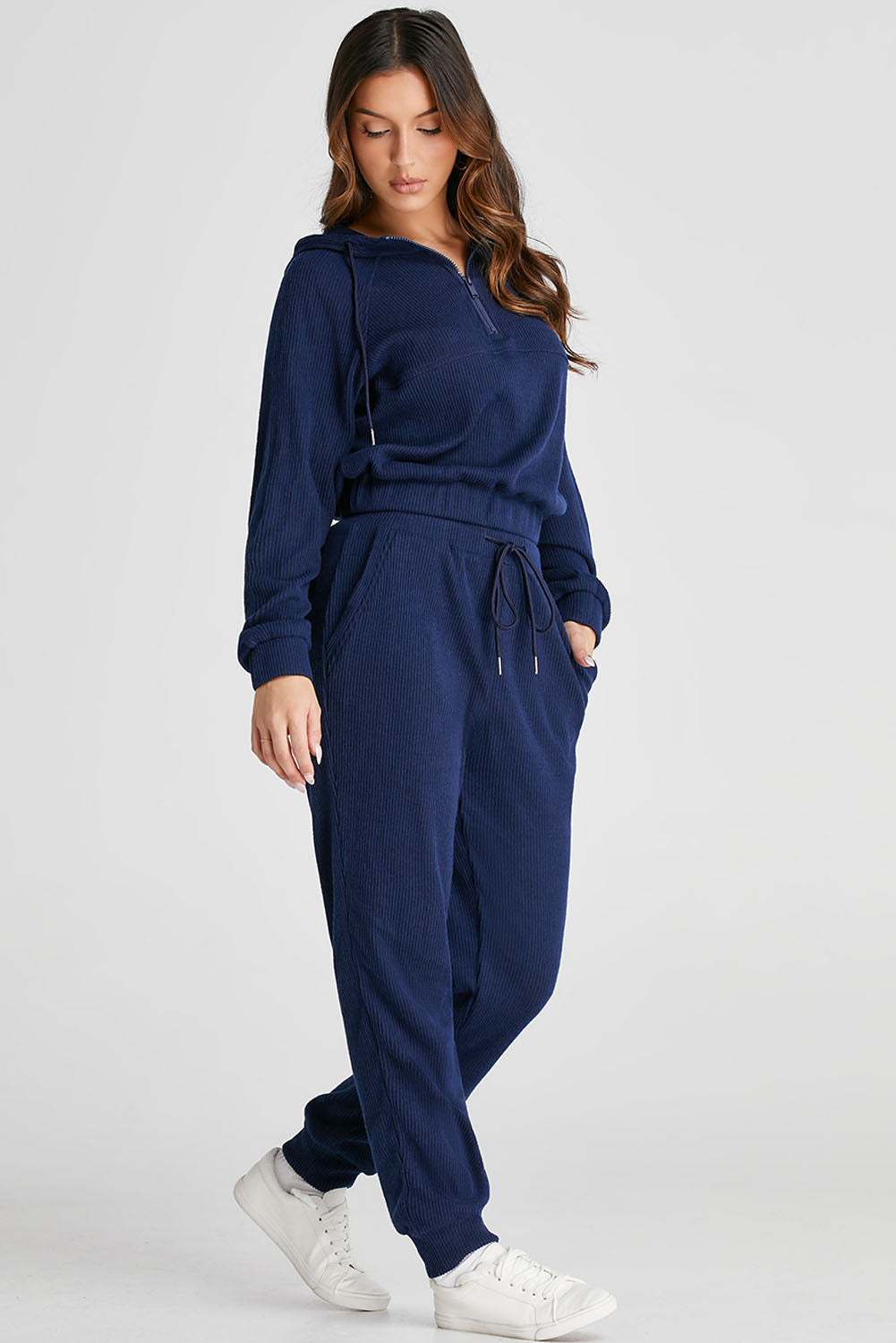 Navy Blue Ribbed Knit Cropped Hoodie and Drawstring Joggers Set-Bella Boutique Collective