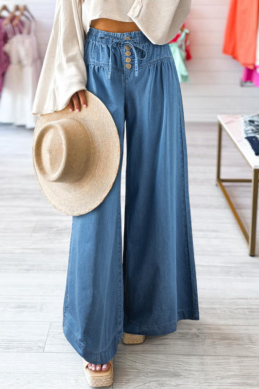Dusk Blue Mineral Wash Button Fly Waist Wide Leg Jeans-Bella Boutique Collective