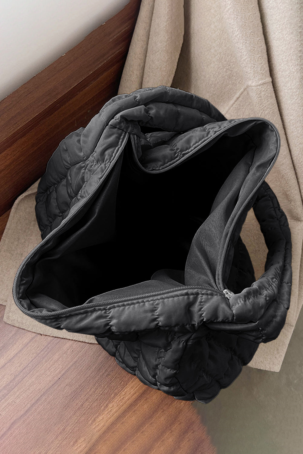 Black Quilted Zipper Large Shoulder Bag-Bella Boutique Collective