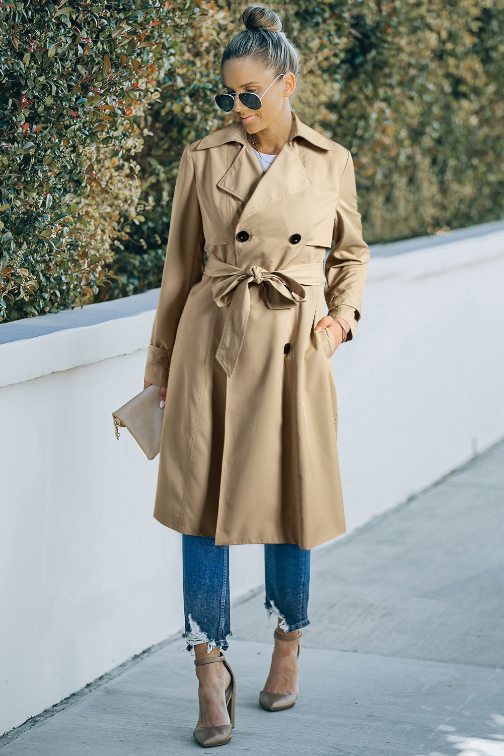 Pale Khaki Solid Color Lapel Collar Waist Tie Wind Coat-Bella Boutique Collective