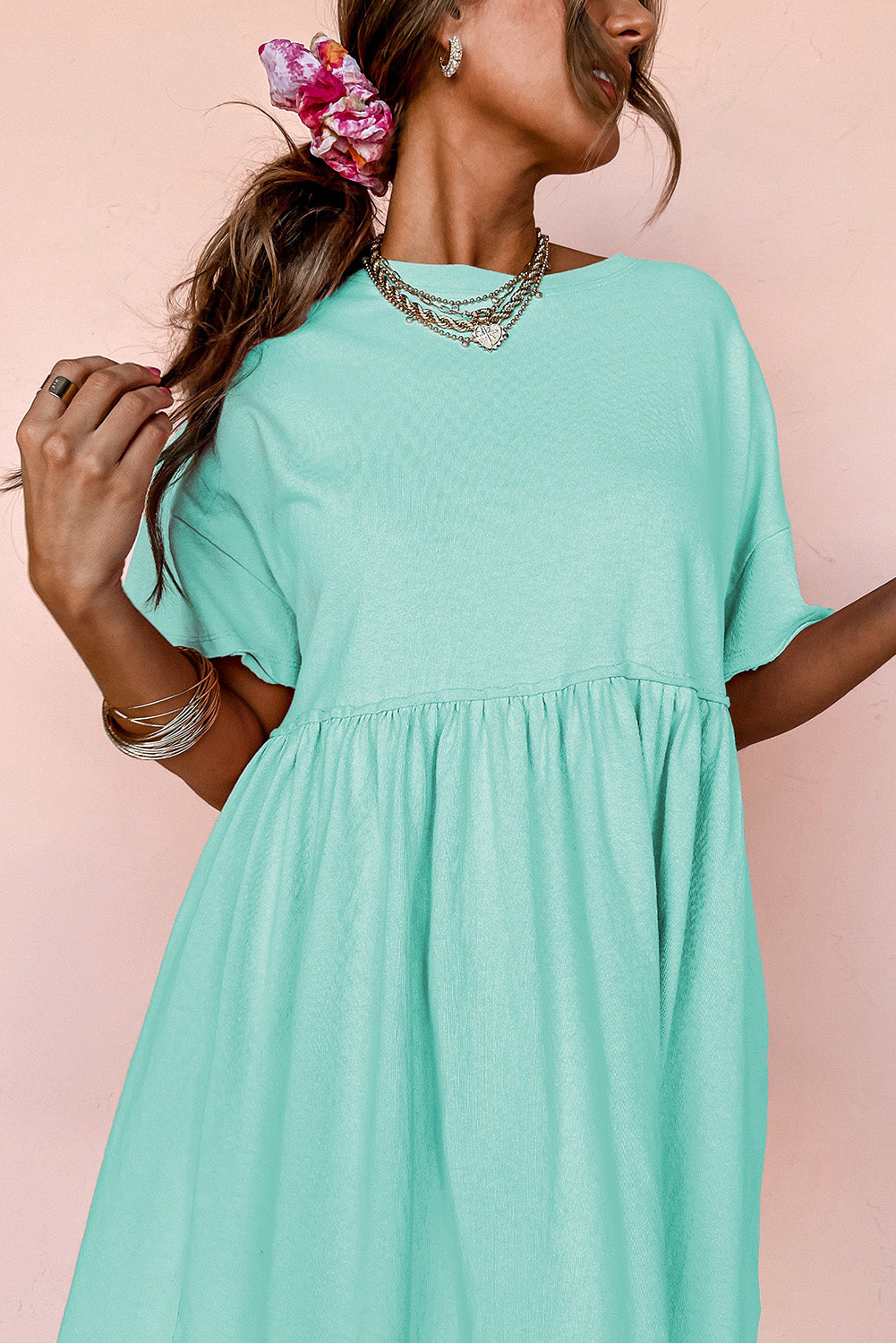 Moonlight Jade Solid Color Pocketed Raw Edge Babydoll Dress-Bella Boutique Collective