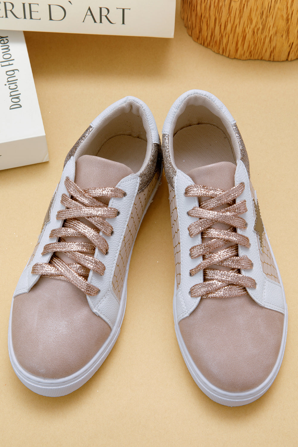 Gold Glitter Star Patchwork PU Leather Lace-up Sneakers-Bella Boutique Collective