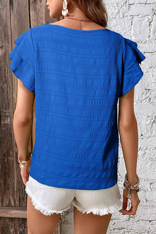 Dark Blue Textured Ruffled Sleeve Round Neck Top-Bella Boutique Collective
