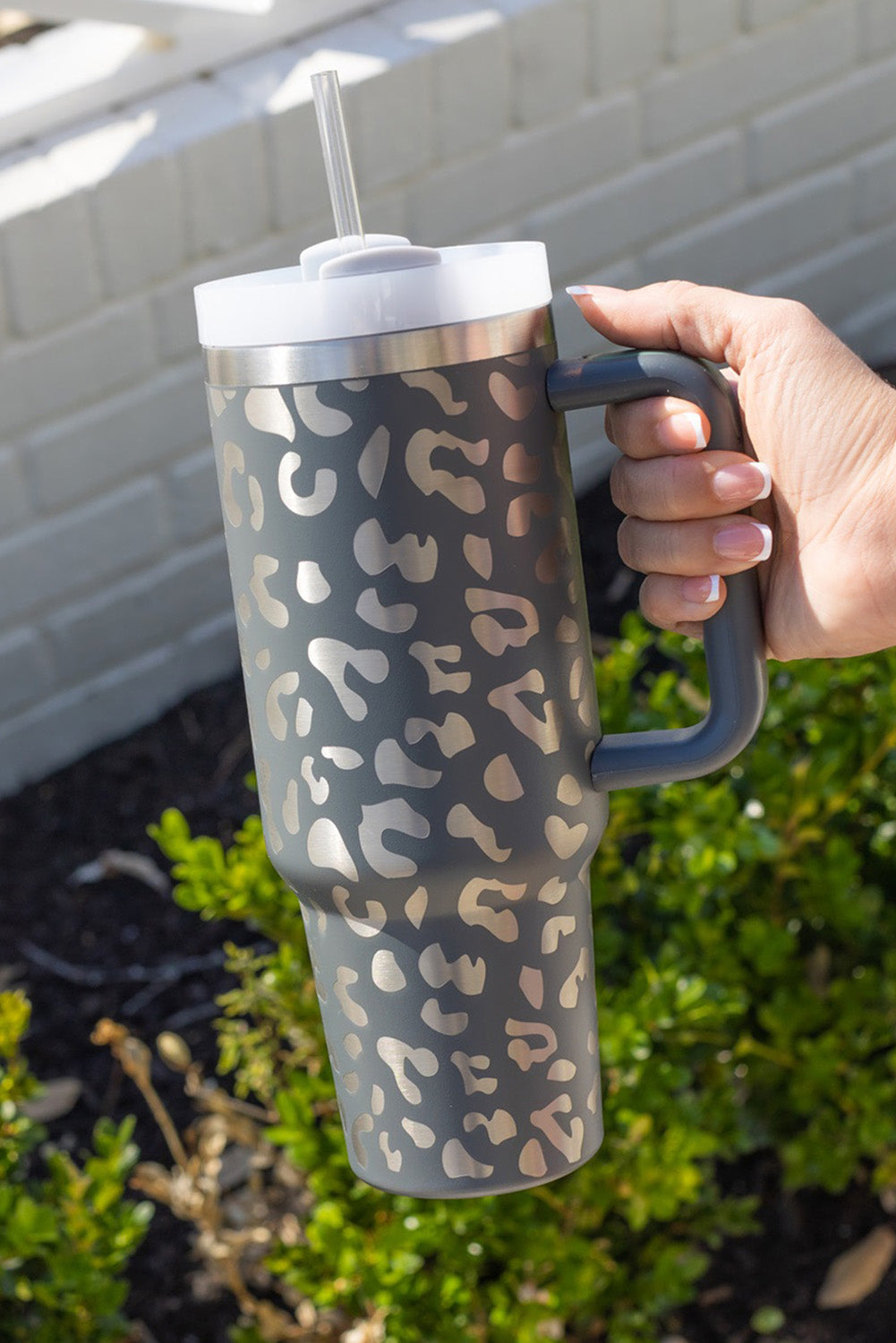 Gray Leopard Print 40OZ Stainless Steel Portable Cup with Handle-Bella Boutique Collective