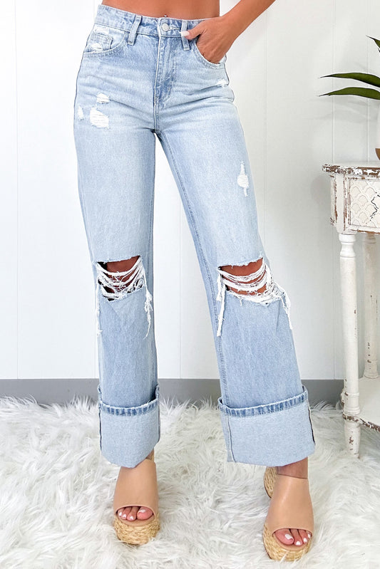 Beau Blue Light Wash Distressed Straight Jeans-Bella Boutique Collective
