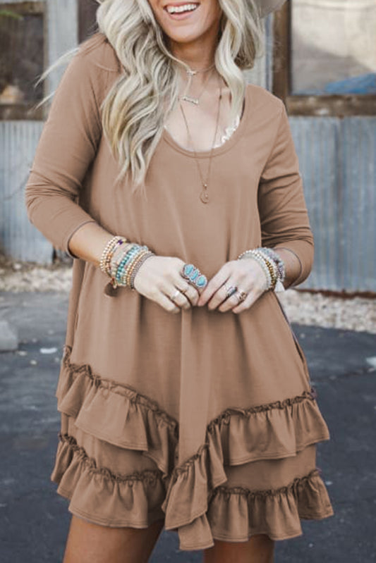 Goat Scoop Neck Tiered Ruffled Hem Long Sleeve Mini Dress-Bella Boutique Collective