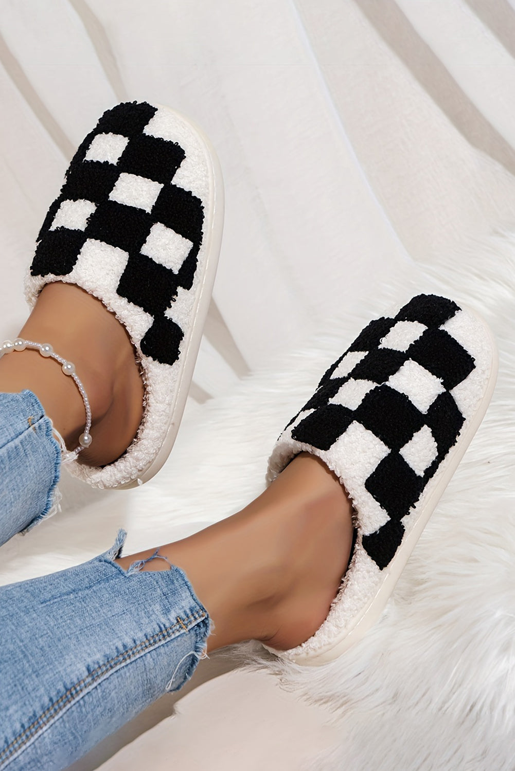 Black Checkered Print Fuzzy Slip On Winter Slippers-Bella Boutique Collective