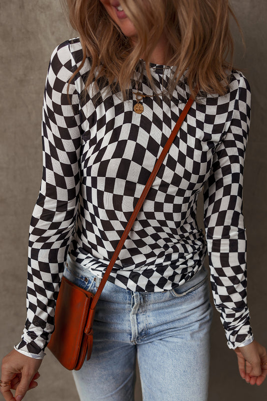 Black Checkered Pattern Mesh Mock Neck Long Sleeve Top-Bella Boutique Collective