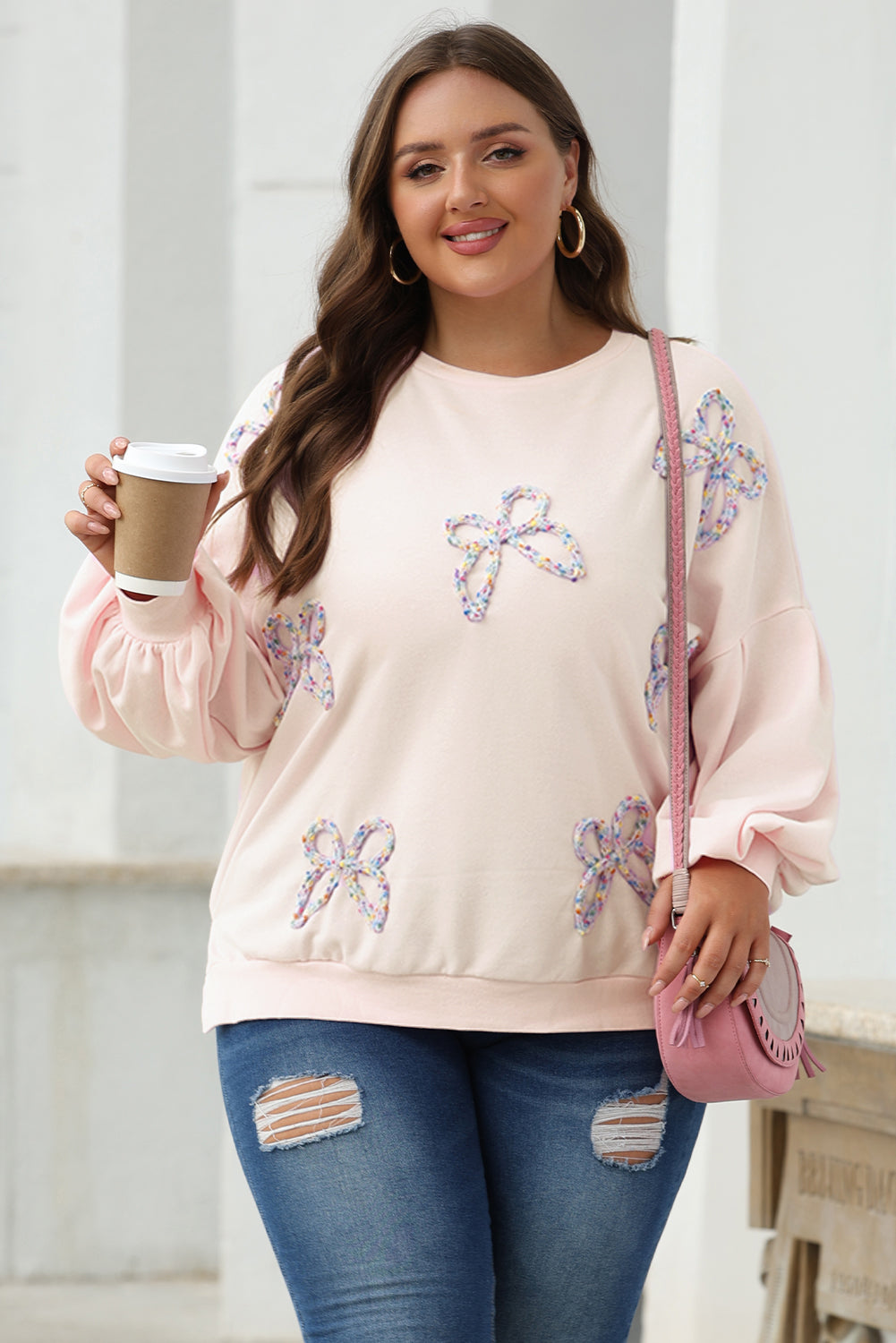 Parchment Embroidered Bow Lantern Sleeve Oversized Pullover Sweatshirt-Bella Boutique Collective