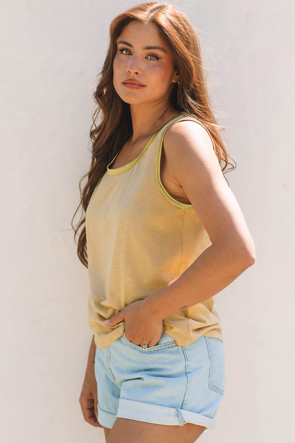 Tan Metallic Sheen Edge Scoop Neck Tank Top-Bella Boutique Collective
