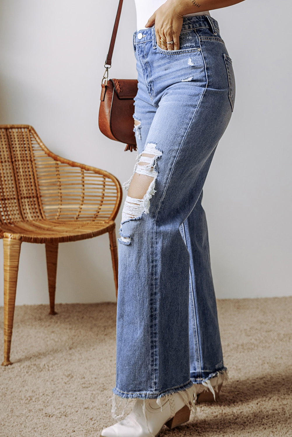 Ashleigh Blue Distressed Raw Hem Straight Leg High Waist Jeans-Bella Boutique Collective