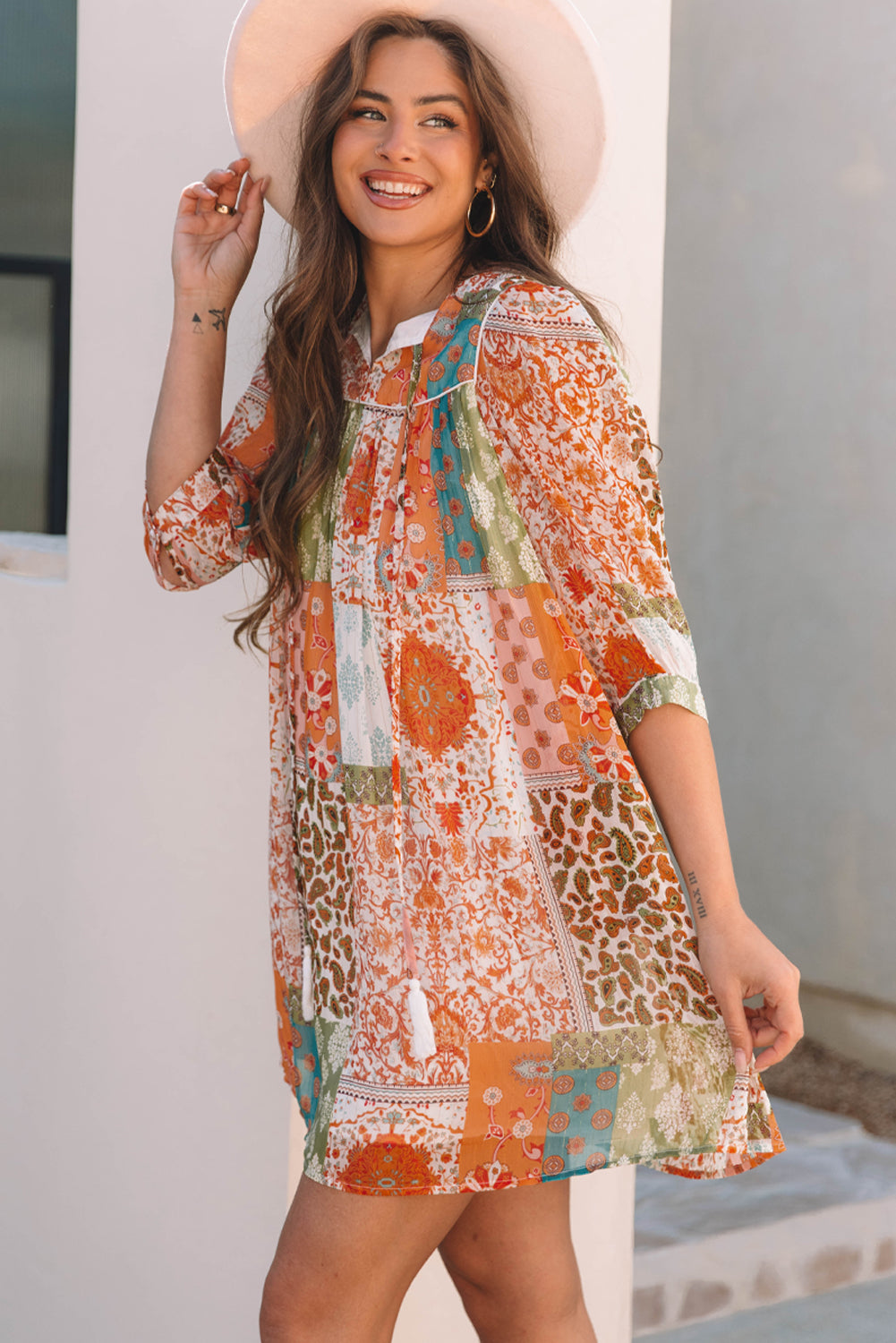 Orange Boho Paisley Mixed Print 3/4 Sleeve Chiffon Loose Dress-Bella Boutique Collective