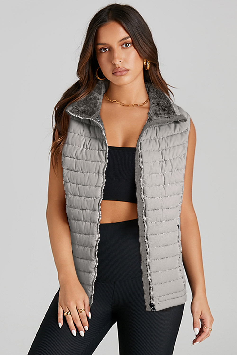 Silvery Plush Collared Quilted Zipped Puffer Vest-Bella Boutique Collective