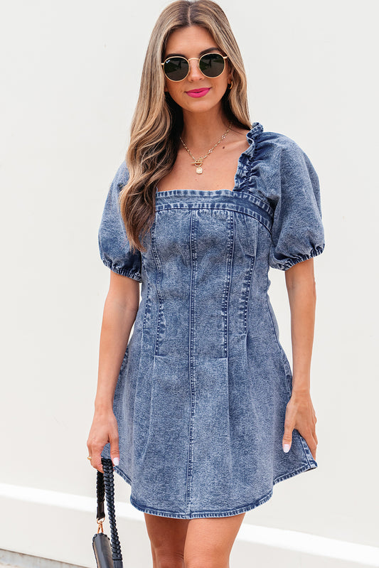 Blue Frilly Square Neck Bustier Puff Sleeve Short Denim Dress-Bella Boutique Collective