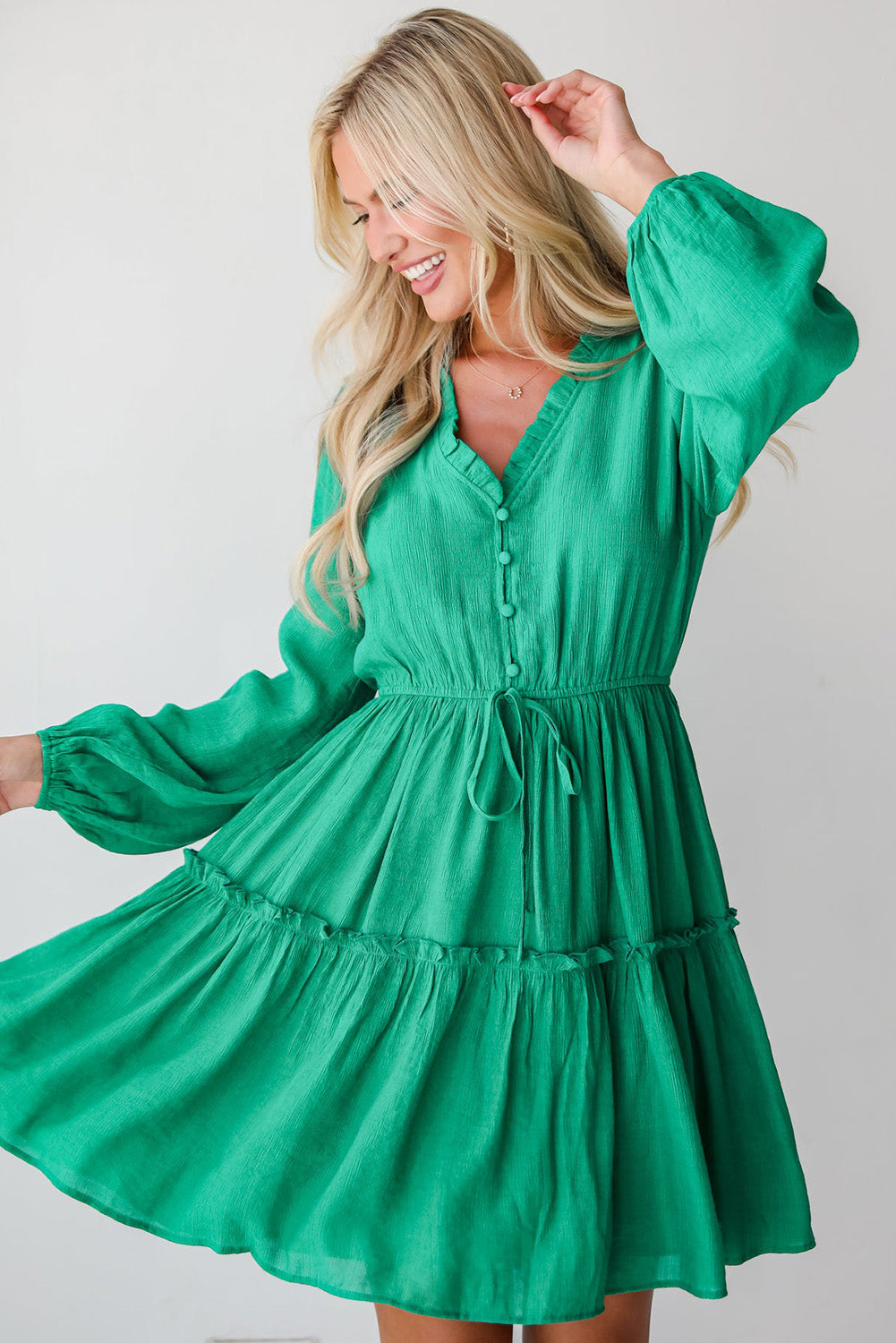 Sea Green Frilly V Neck Puff Sleeve Drawstring Shift Mini Dress-Bella Boutique Collective