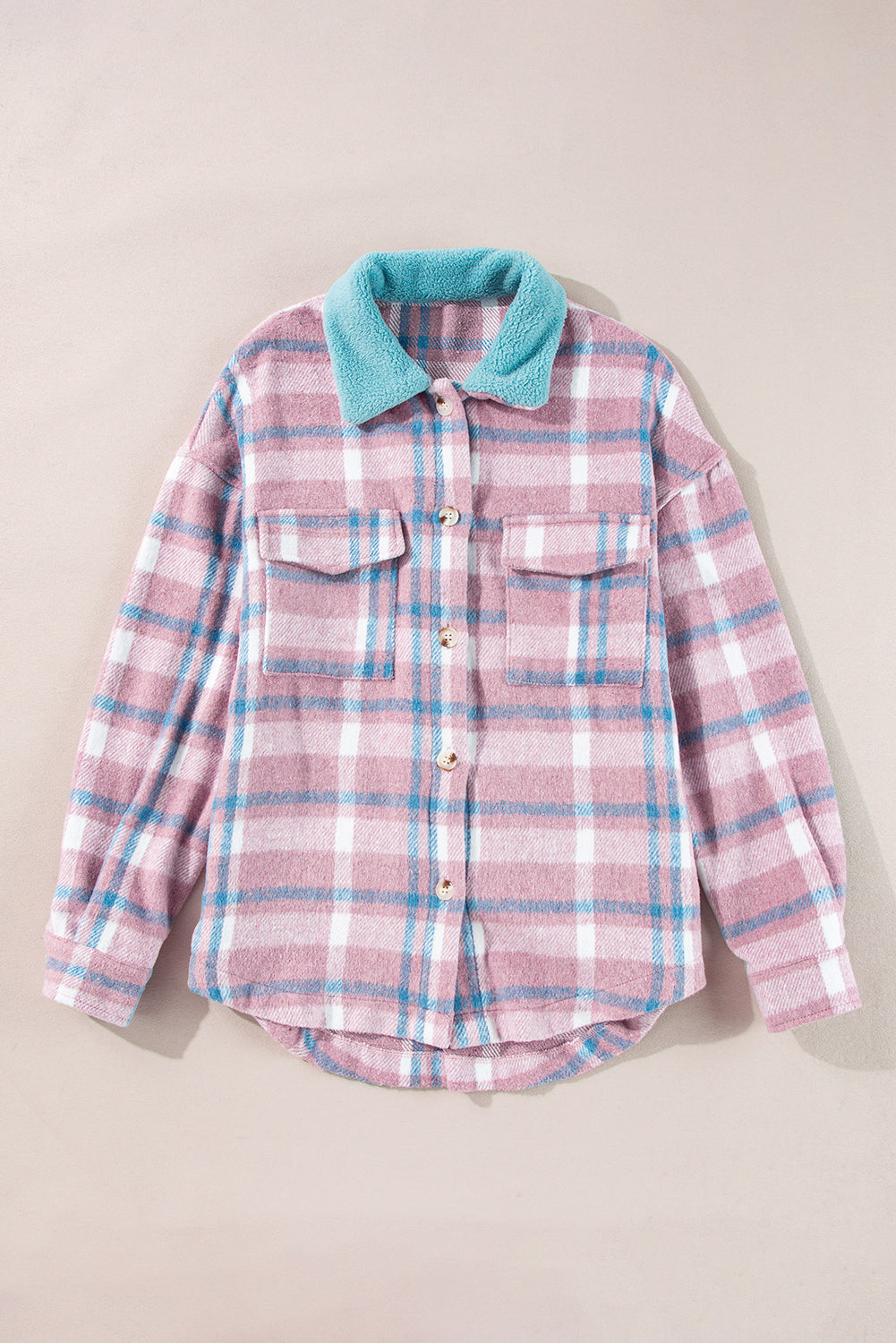 Pink Plaid Print Color Block Collared Flap Pockets Loose Shacket-Bella Boutique Collective