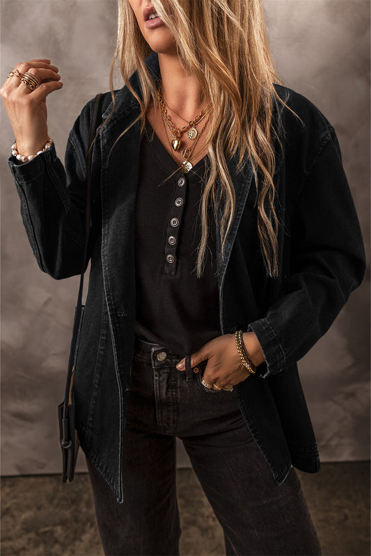 Black Side Pockets Lapel Collar Denim Jacket-Bella Boutique Collective