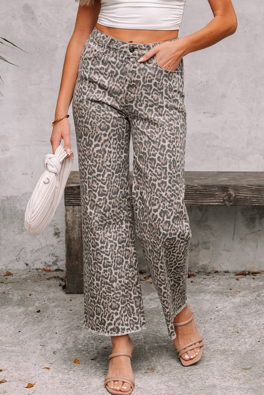 Brown Leopard Frayed Edge Wide Leg High Waist Jeans-Bella Boutique Collective