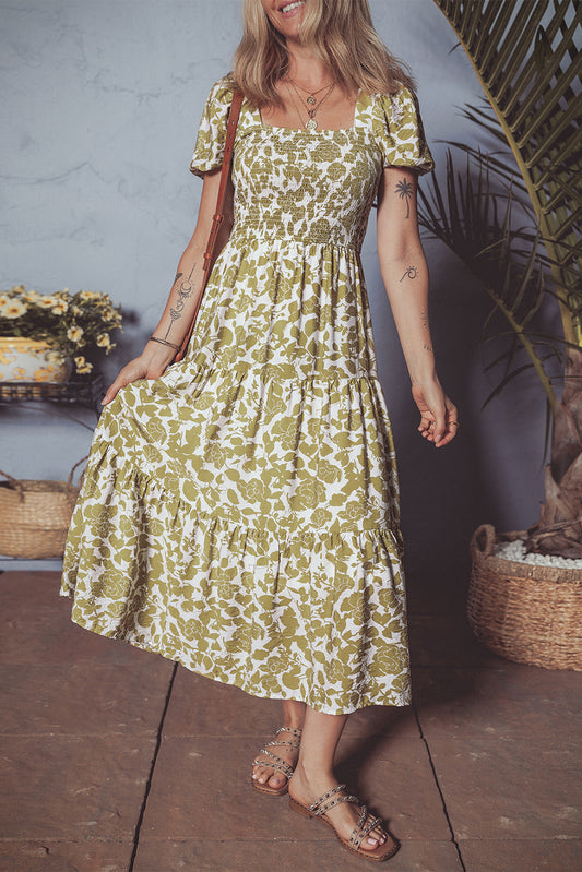Yellow Boho Floral Square Neck Smocked Bust Puff Sleeve Tiered Long Dress-Bella Boutique Collective