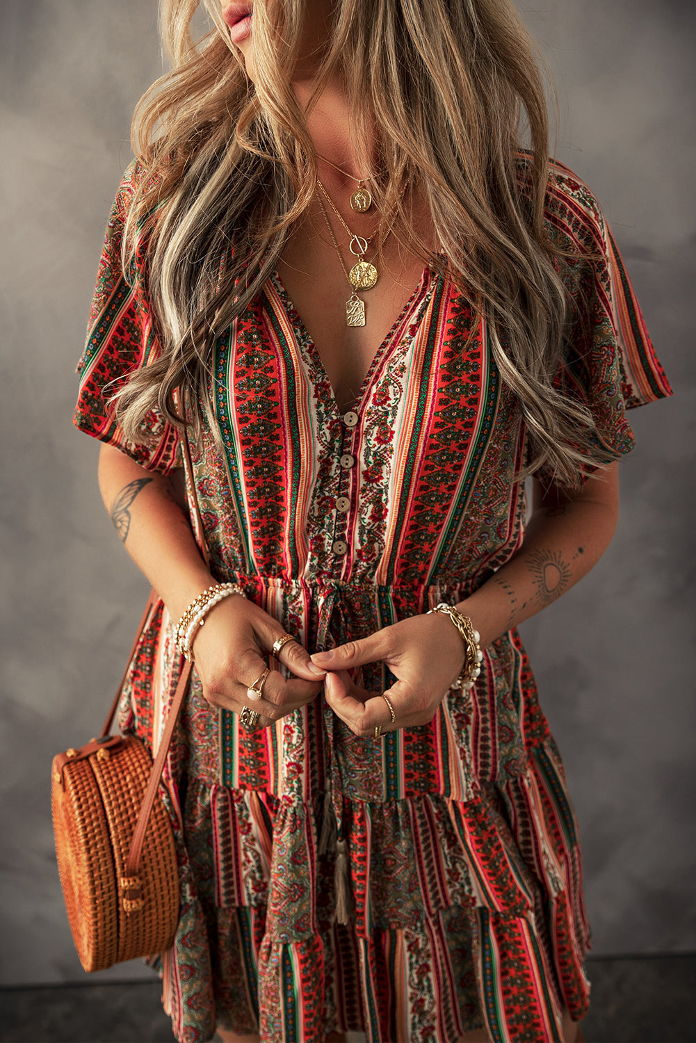Red Bohemian Floral Print Buttoned V Neck Ruffle Tiered Dress-Bella Boutique Collective