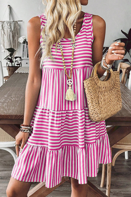Rose Stripe U Neck Sleeveless Loose Fit Mini Dress-Bella Boutique Collective