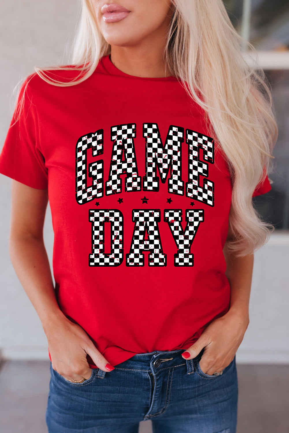 Red Checkered Game Day Graphic T Shirt-Bella Boutique Collective