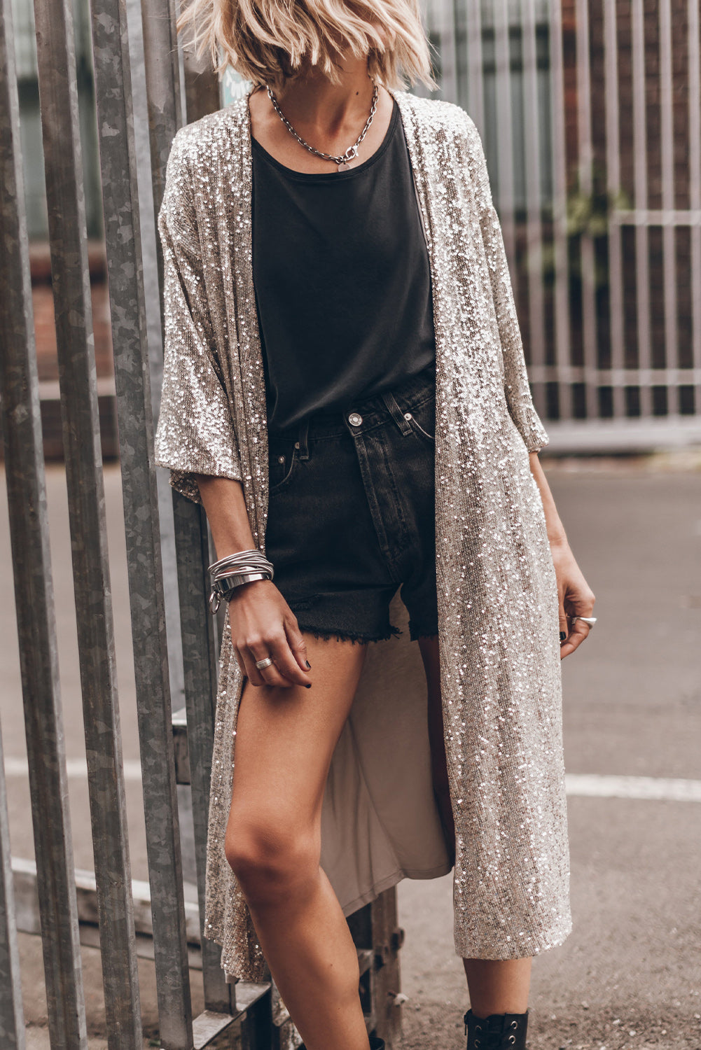 Apricot Sequin 3/4 Sleeve Open Front Duster Kimono-Bella Boutique Collective