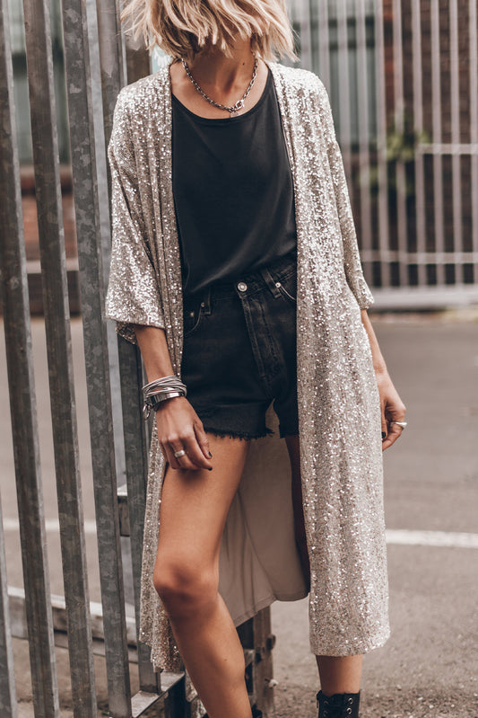 Apricot Sequin 3/4 Sleeve Open Front Duster Kimono-Bella Boutique Collective