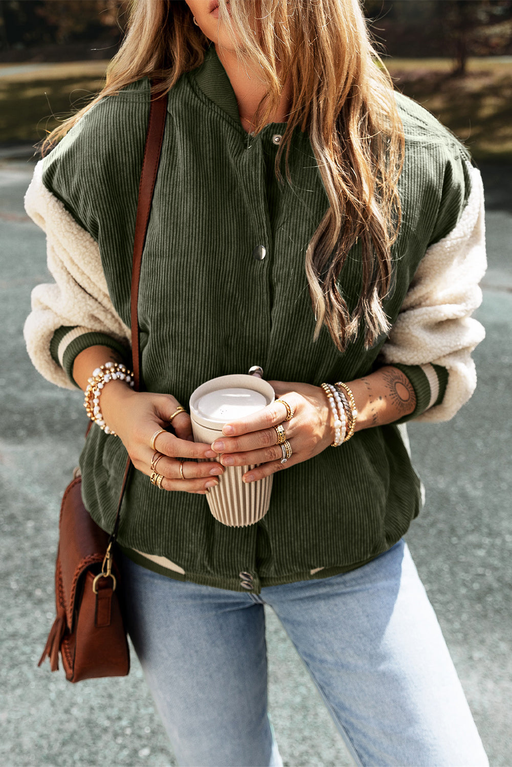 Mist Green Corduroy Fleece Patchwork Buttoned Bomber Jacket-Bella Boutique Collective