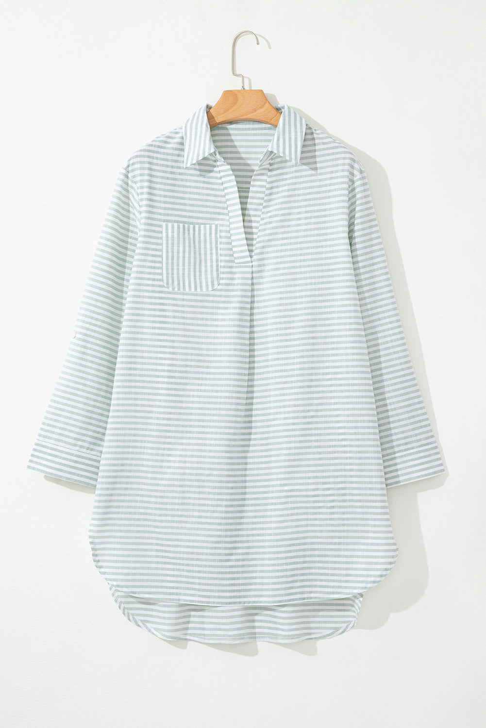 White Stripe Collared V Neck Chest Pocket Long Sleeve Beach Cover up-Bella Boutique Collective