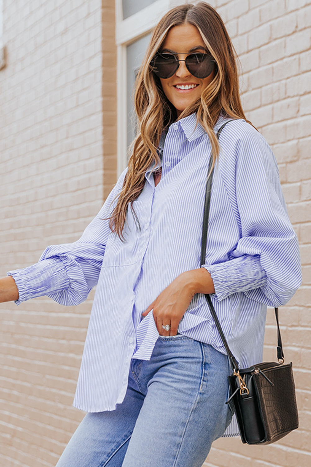 Sky Blue Smocked Cuffed Striped Boyfriend Shirt with Pocket-Bella Boutique Collective