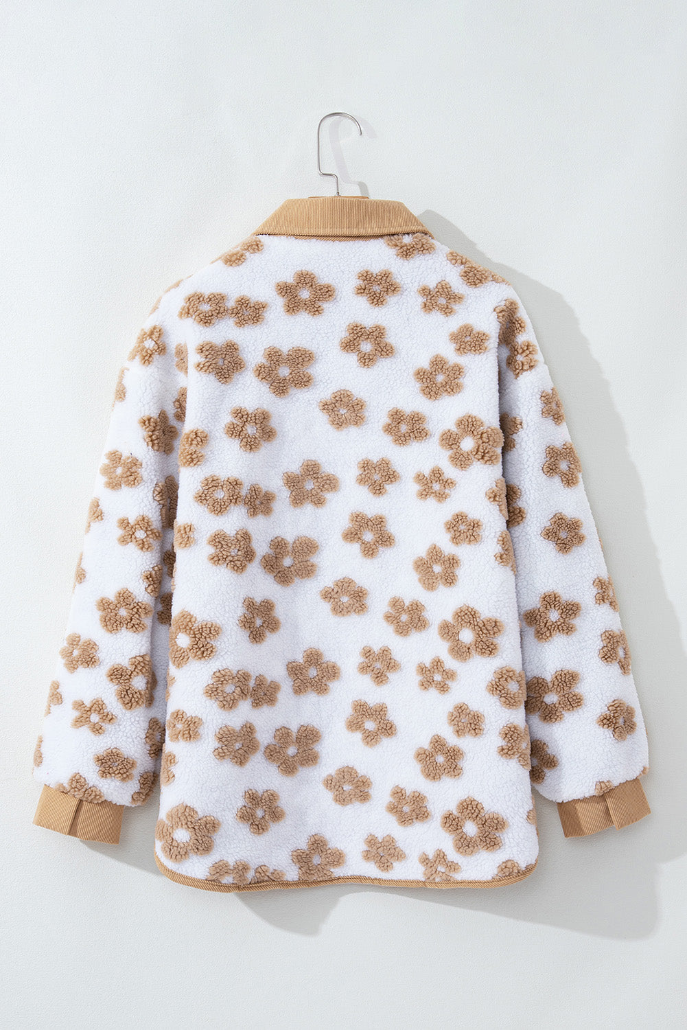 Light French Beige Cute Flower Pattern Button Up Fleece Jacket-Bella Boutique Collective