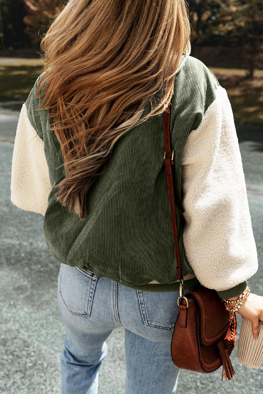 Mist Green Corduroy Fleece Patchwork Buttoned Bomber Jacket-Bella Boutique Collective