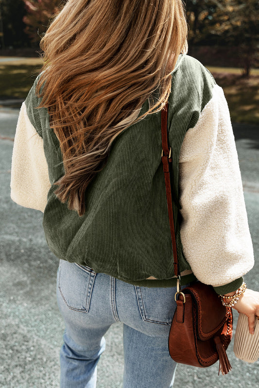 Mist Green Corduroy Fleece Patchwork Buttoned Bomber Jacket-Bella Boutique Collective