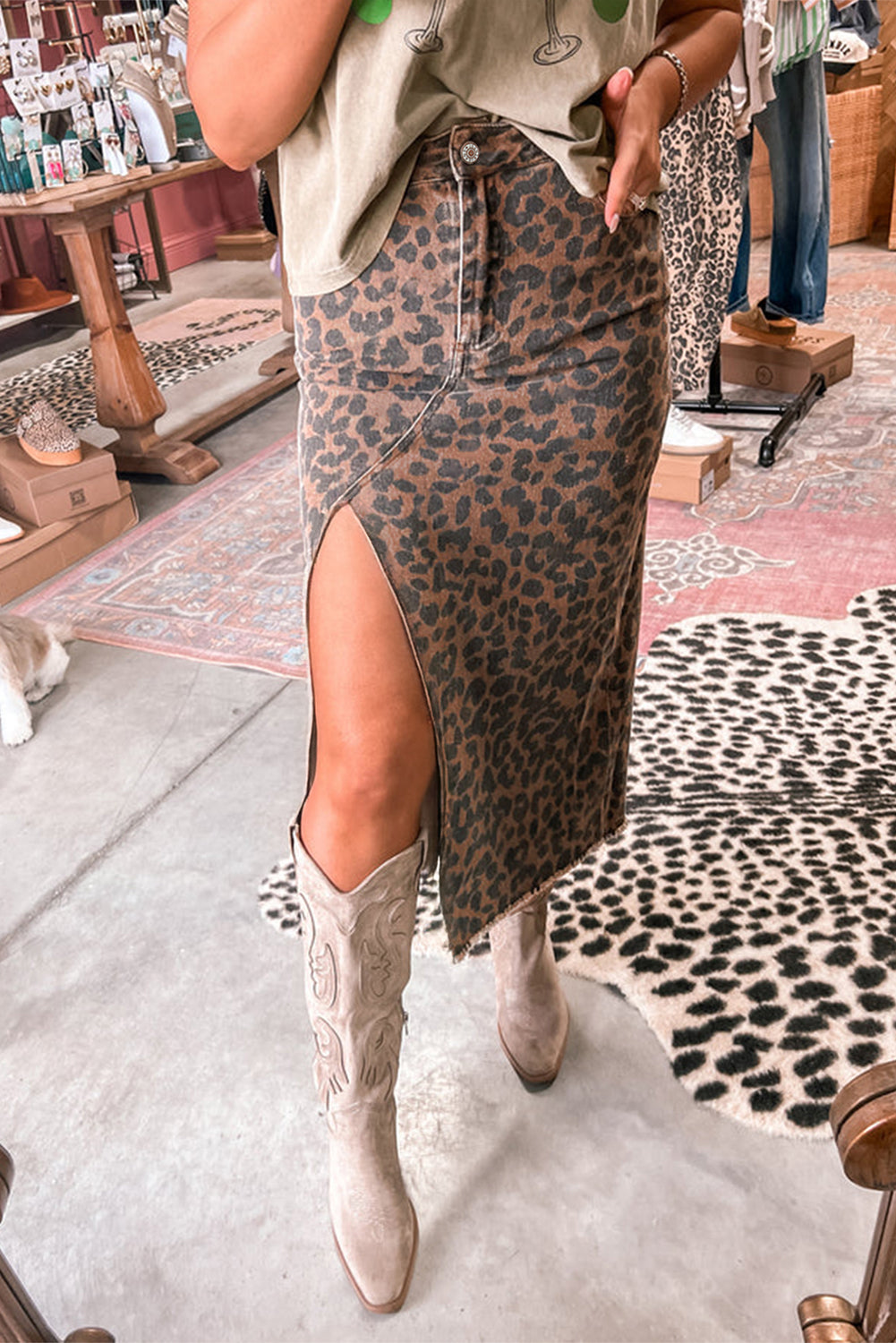 Brown Leopard Denim Frayed Split Denim Midi Skirt-Bella Boutique Collective
