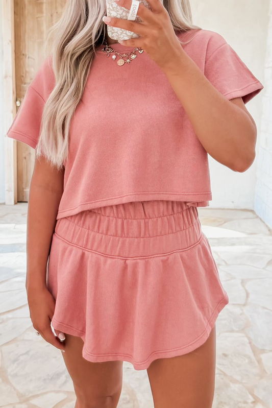 Blossom 2pcs Cropped Tee and Ruffle High Waist Skort Set-Bella Boutique Collective