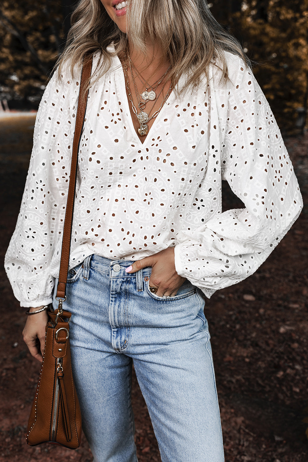 White Eyelet Embroidered Puff Sleeve V Neck Blouse-Bella Boutique Collective