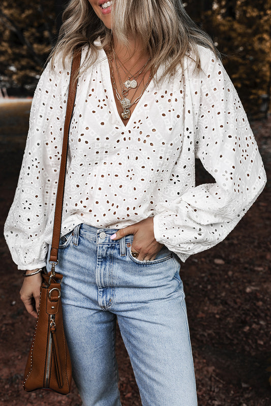 White Eyelet Embroidered Puff Sleeve V Neck Blouse-Bella Boutique Collective