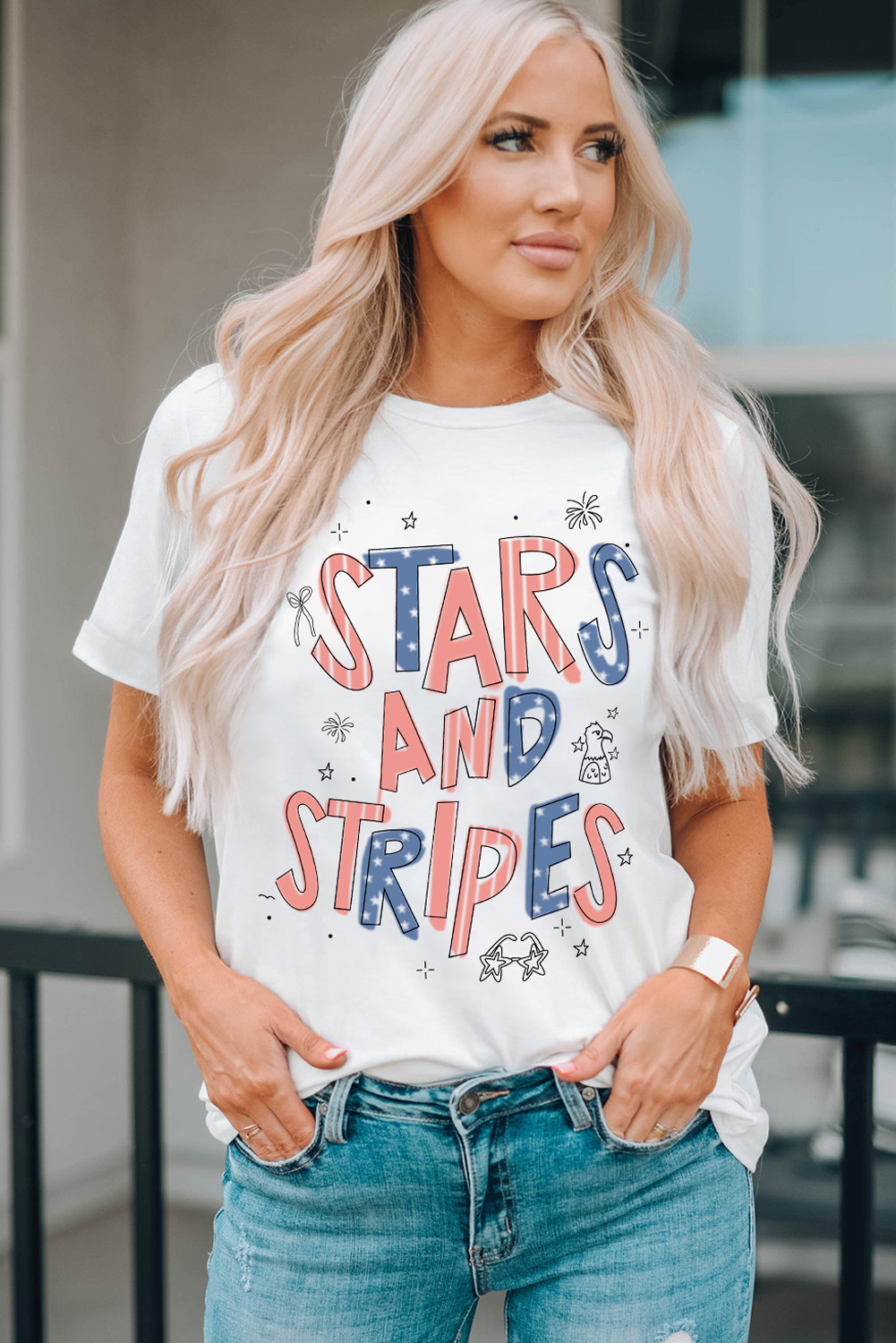 White STARS AND STRIPES Crew Neck Graphic Tee-Bella Boutique Collective