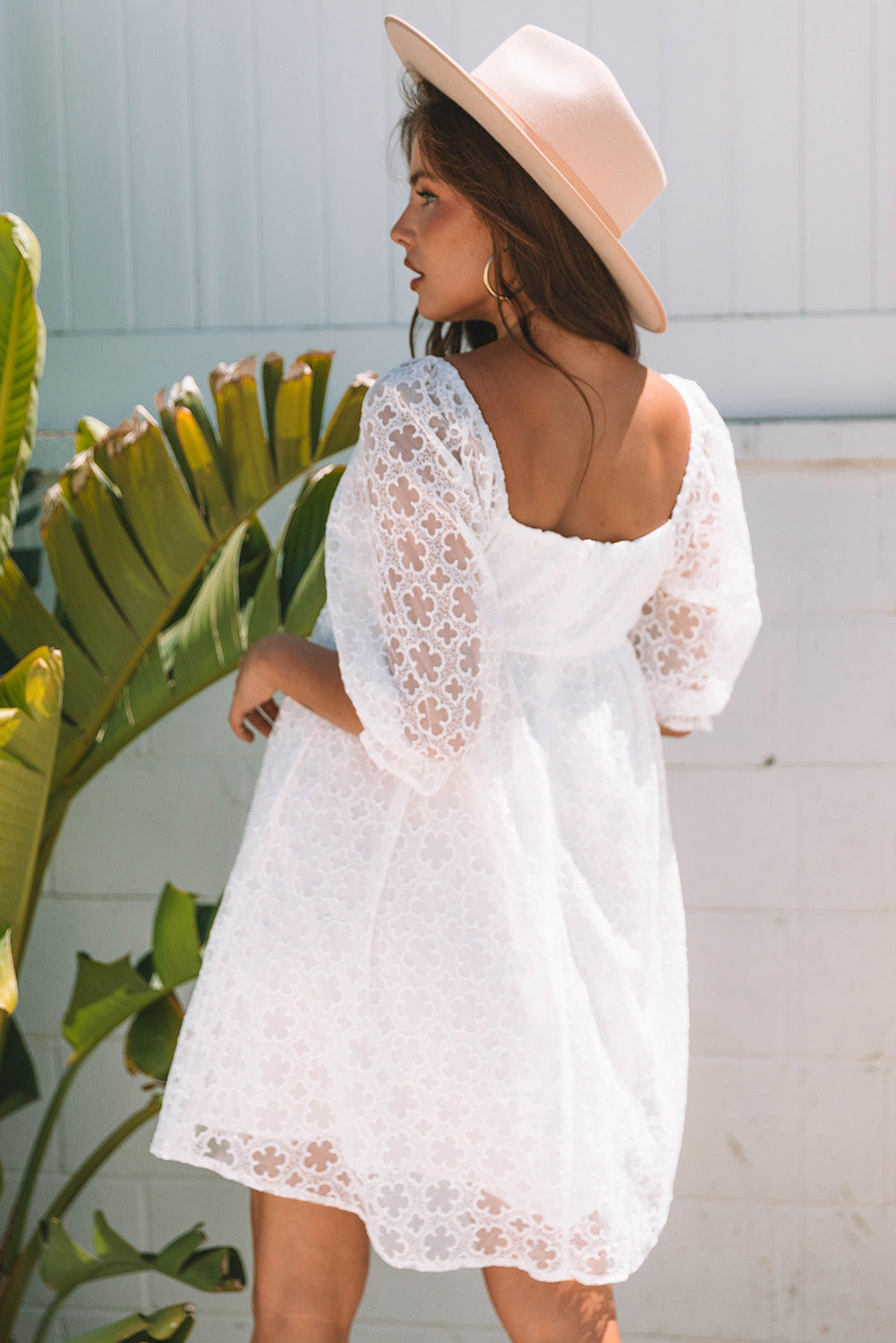 White Floral Lace Puff Sleeve Empire Waist Mini Dress-Bella Boutique Collective