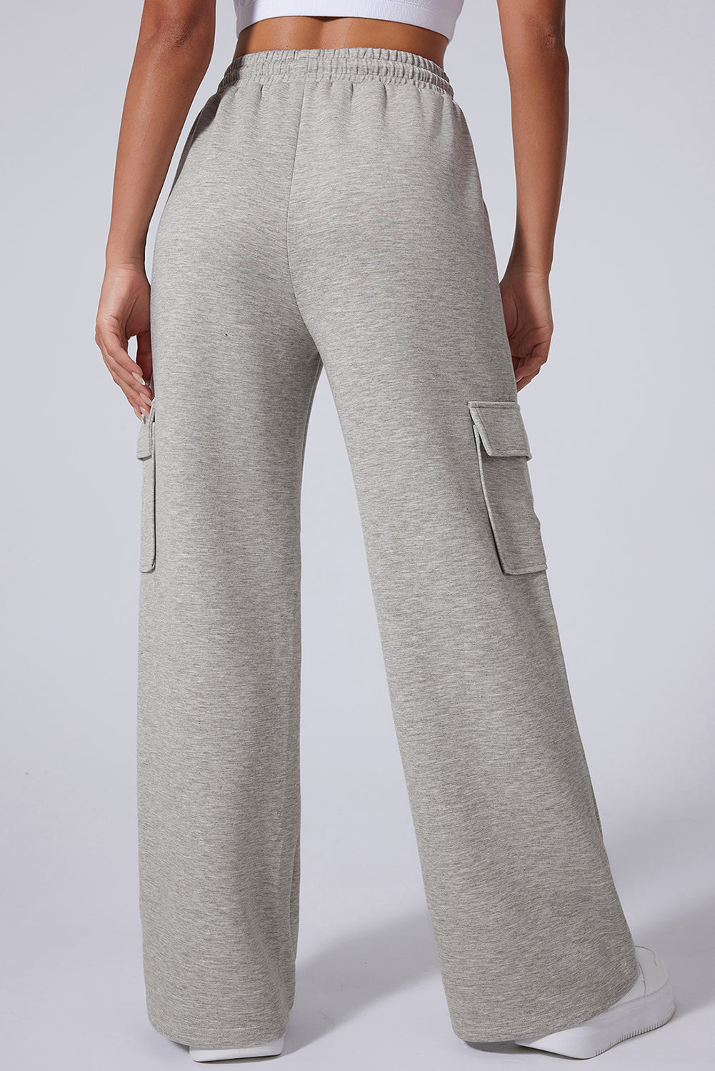 Light Grey Multi Pockets Lace-up High Waist Wide Leg Workout Pants-Bella Boutique Collective