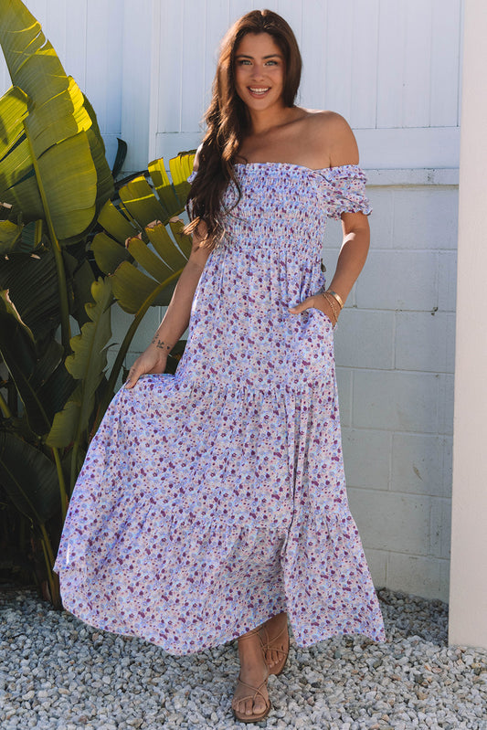 Purple Floral Short Bubble Sleeve Shirred High Waist Maxi Dress-Bella Boutique Collective