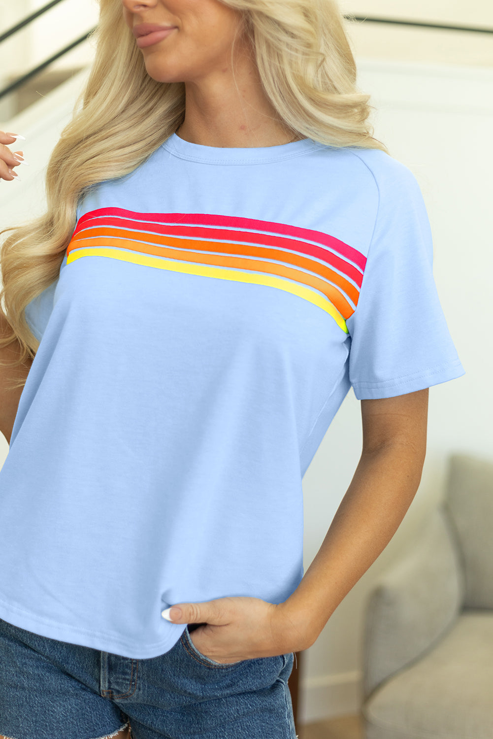 Beau Blue Striped Patch Front Casual Tee-Bella Boutique Collective
