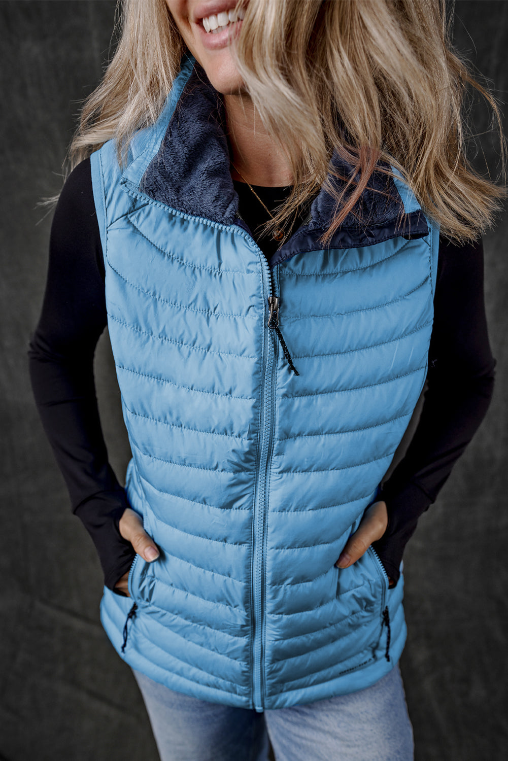 Sky Blue Plush Collared Quilted Zipped Puffer Vest-Bella Boutique Collective