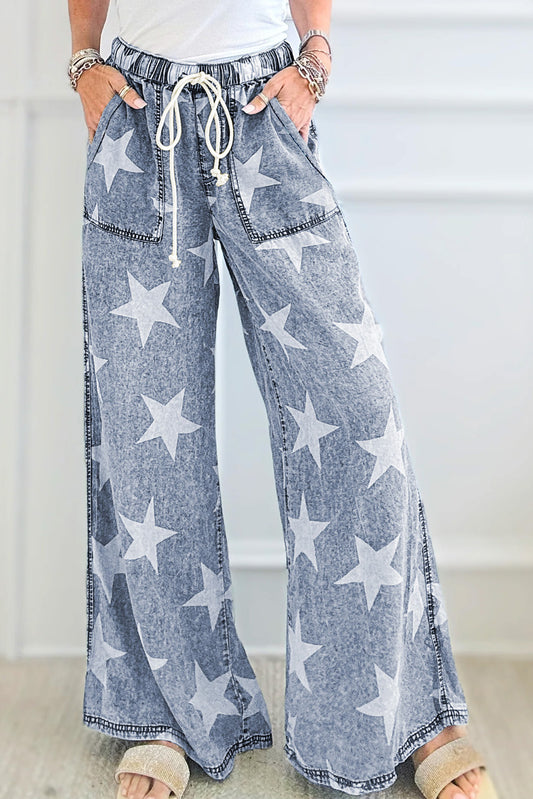 Light Blue Star Print Light Wash Drawstring High Waist Wide Leg Jeans-Bella Boutique Collective