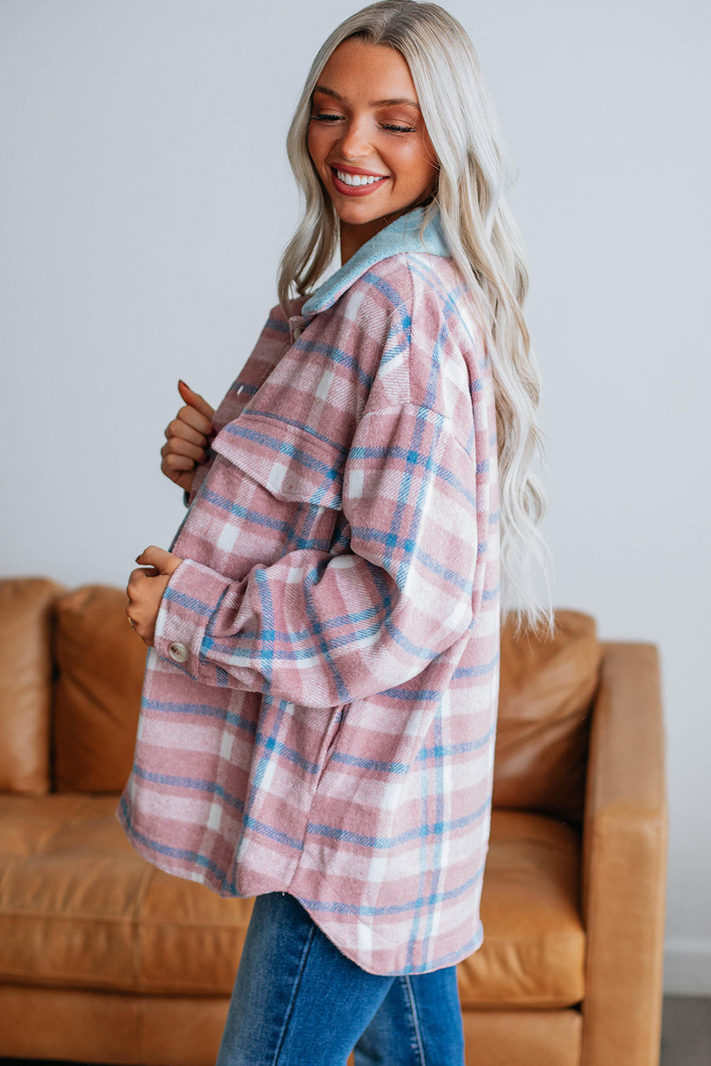 Pink Plaid Print Color Block Collared Flap Pockets Loose Shacket-Bella Boutique Collective