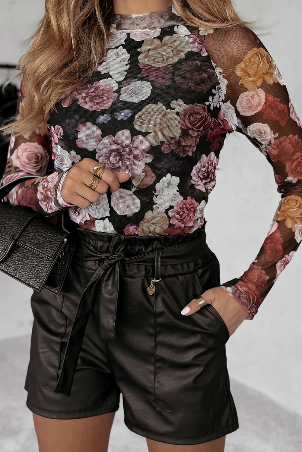 Pink Mesh Floral Print Mock Neck Long Sleeve Slim Top-Bella Boutique Collective