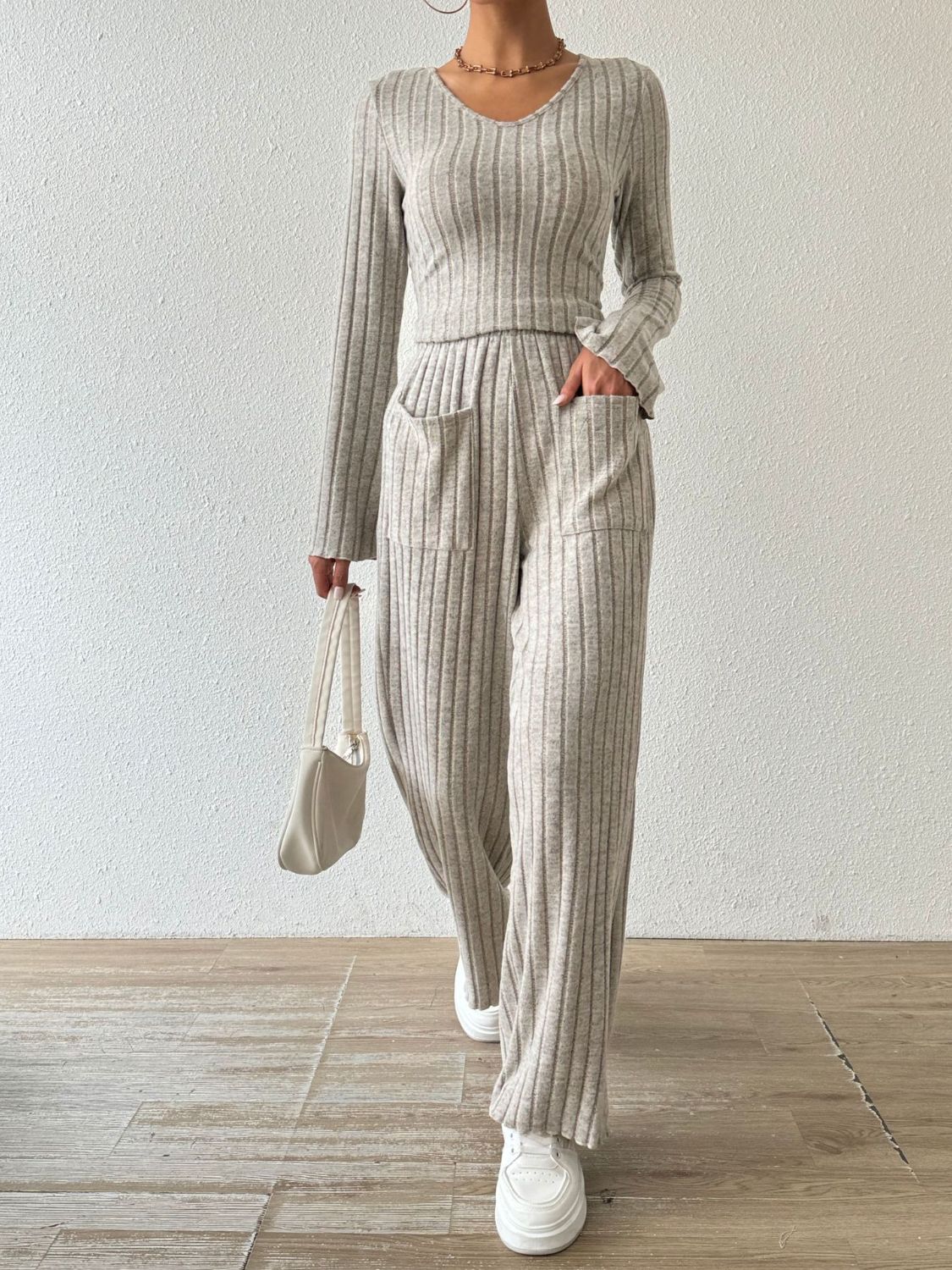 Ribbed V-Neck Long Sleeve Top and Pocketed Pants Set-Bella Boutique Collective