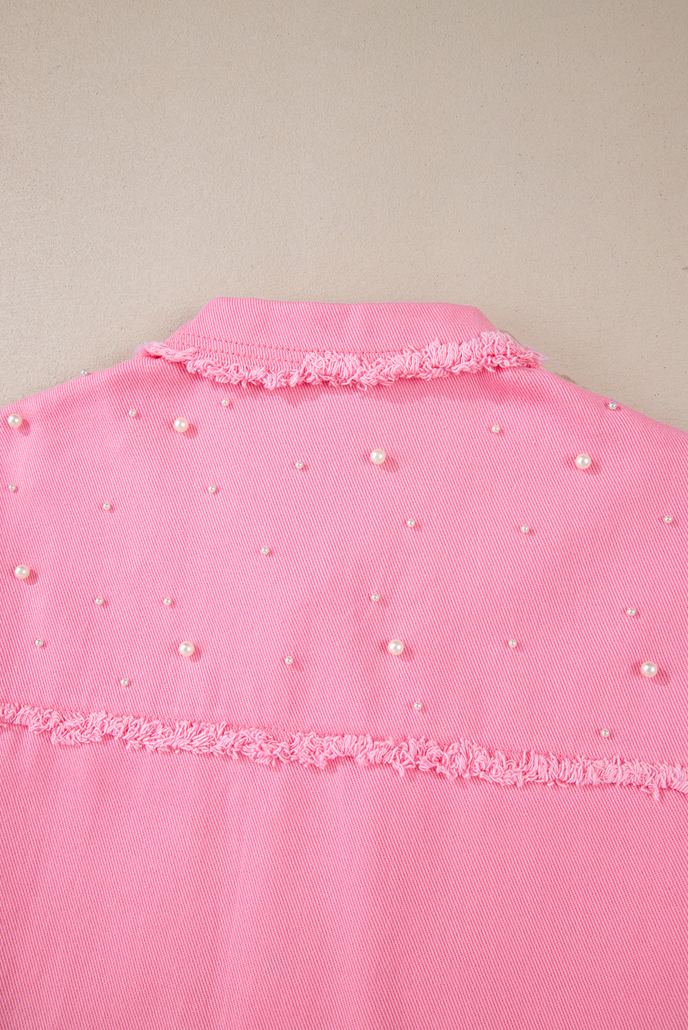 Bonbon Pearl Beaded Raw Hem Button Up Denim Jacket-Bella Boutique Collective